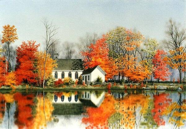 Autumn Art Print featuring the painting Peaceful Reflections by Conrad Mieschke