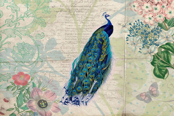 Peacocks Art Print featuring the digital art Peacock and Botanical Art by Peggy Collins