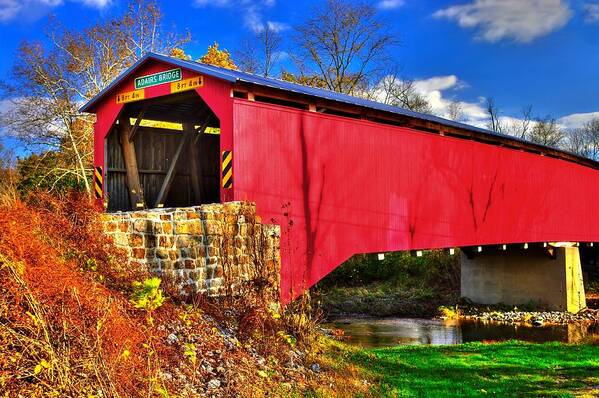 Adairs Covered Bridge Art Print featuring the photograph Pennsylvania Country Roads - Adairs Covered Bridge Over Sherman Creek - Perry County by Michael Mazaika