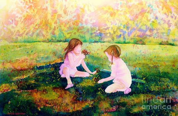 Paintings Of Westmount Art Print featuring the painting Picking Flowers In The Park Paintings Of Montreal Park Scenes Children Playing Carole Spandau by Carole Spandau