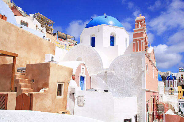 Santorini Art Print featuring the photograph Pink bell tower and blue dome church by Aiolos Greek Collections