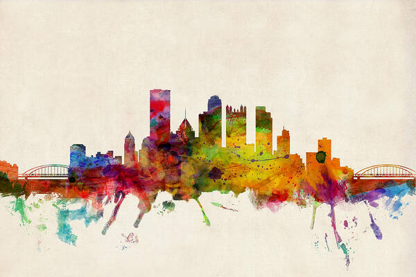 Watercolour Art Print featuring the digital art Pittsburgh Pennsylvania Skyline by Michael Tompsett