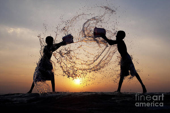 Indian Boys Art Print featuring the photograph Playing with Water by Tim Gainey