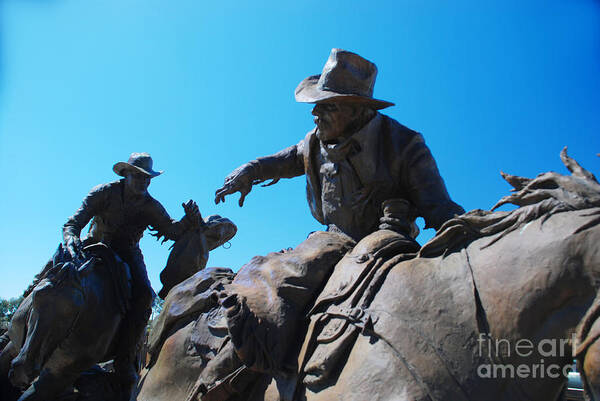 Pony Express Sculpture Horse Horses Cowboy Cowboys Courier Mail Bag Wild West Scottsdale Arizona Bronze Herb Mignery Passing The Legacy Art Print featuring the photograph Pony Express by Richard Gibb