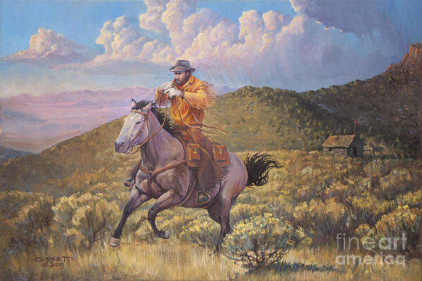 Wall Art Art Print featuring the painting Pony Express Rider at Look Out Pass by Robert Corsetti