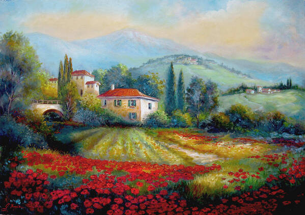  Mediterranean Landscape Art Print featuring the painting Poppy fields of Italy by Regina Femrite