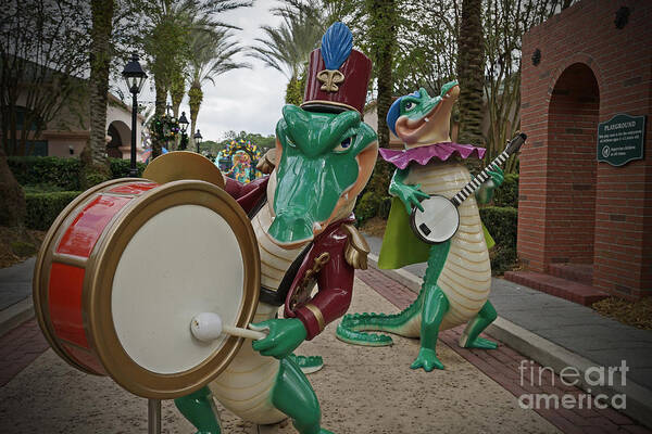 Walt Disney World Orlando Florida Port Orleans French Quarter Mardi Gras Resort Alligator Band Drums Banjo Art Print featuring the photograph Port Orleans by AK Photography