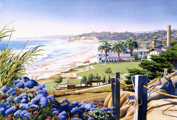 Powerhouse Art Print featuring the painting Powerhouse Beach Del Mar Blue by Mary Helmreich