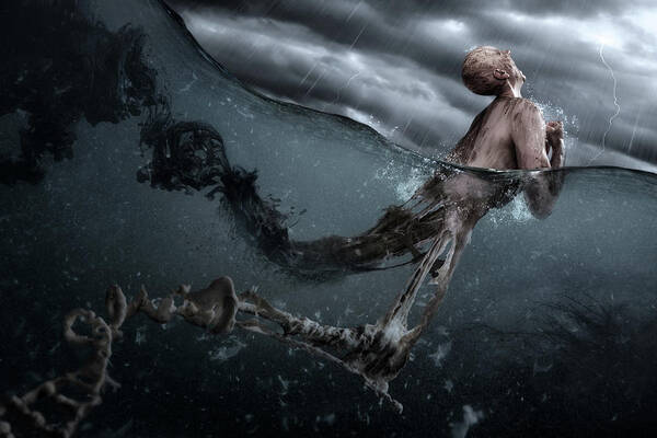 Surreal Mermaid in Stormy Sea Art Print featuring the photograph Primordial Soup by Christophe Kiciak