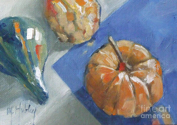 Pumpkin Art Print featuring the painting Pumpkin and gourds Still Life by Mary Hubley