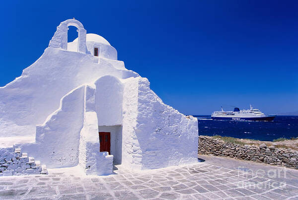 Mykonos Art Print featuring the photograph Pure white church by Aiolos Greek Collections