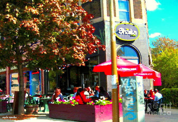 La Shaika Cafe Art Print featuring the painting Quiet Corner Table For Two At Cafe La Shaika Open Air Sidewalk Terrace Montreal City Scene C Spandau by Carole Spandau