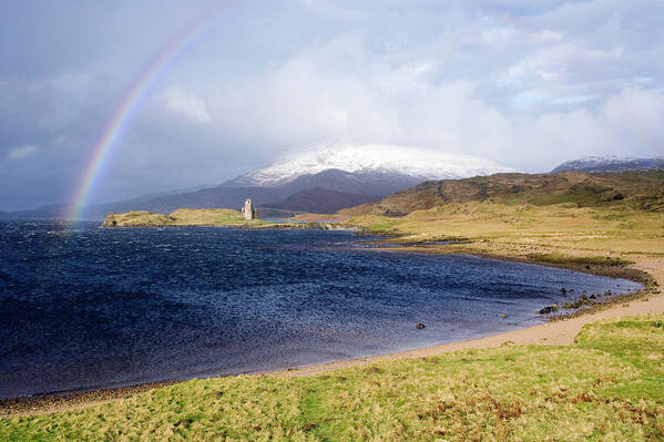 Quinag Art Print featuring the photograph Rainbow Over Ardveck Castle by Steve Allen/science Photo Library