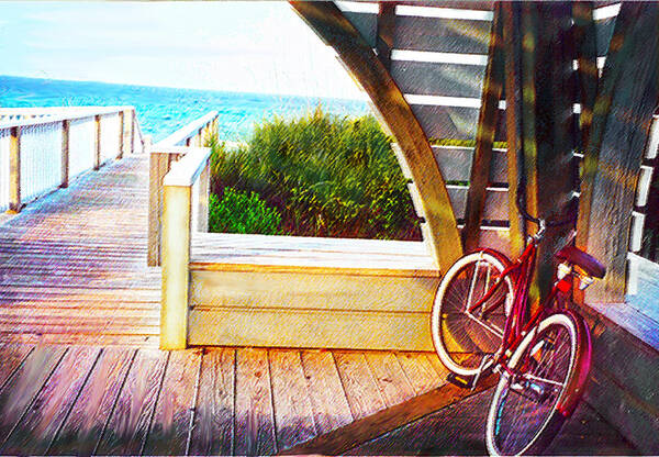 Bike Art Print featuring the digital art Red Bike On Beach Boardwalk by Jane Schnetlage