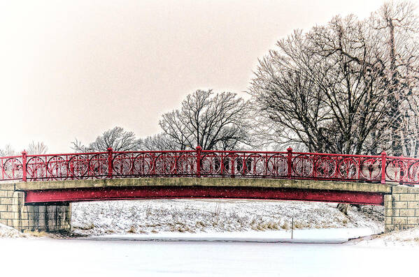 Detroit Art Print featuring the photograph Red Bridge in Winter by Winnie Chrzanowski