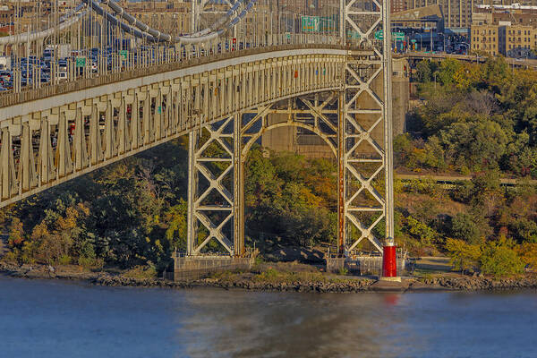 Autumn Art Print featuring the photograph Red Lighthouse And Great Gray Bridge by Susan Candelario