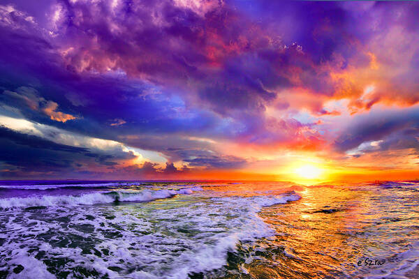 Pink Purple Clouds Art Print featuring the photograph Red Purple Sea Sunset-Sun Trail Waves Seascape by Eszra Tanner
