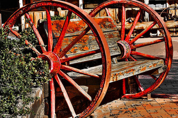 Wheel Art Print featuring the photograph Red Wagon Wheel Bench by Phyllis Denton