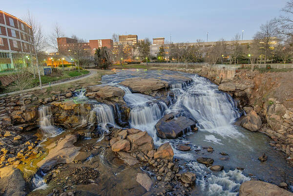Www.harperandharperphotography.com Art Print featuring the photograph Reedy Falls At Dusk In Downtown Greenville SC by Willie Harper