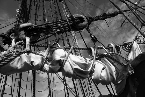 18th Century Art Print featuring the photograph Reefed canvas sail and rigging - monochrome by Ulrich Kunst And Bettina Scheidulin