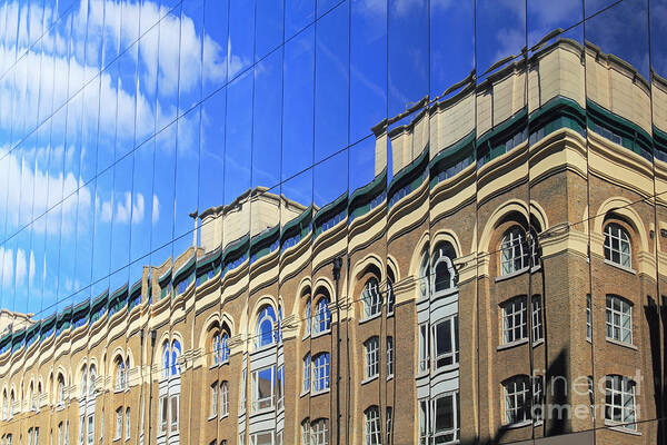 Reflected Building London Reflection Reflections Glass Window Mirror Mirrored City England Old Modern Quirky Art Print featuring the photograph Reflected Building London by Julia Gavin