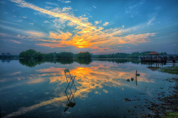 Tranquility Art Print featuring the photograph Reflected Chair by Www.imagesbyhafiz.com