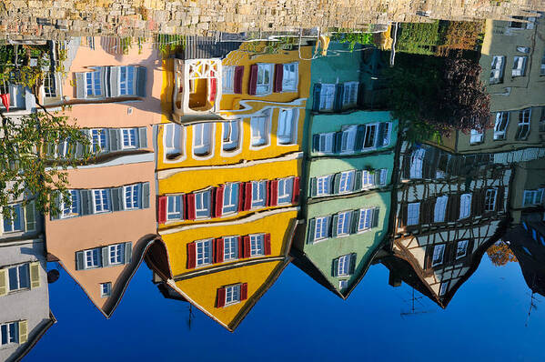 Reflection Art Print featuring the photograph Reflection of colorful houses in Neckar river Tuebingen Germany by Matthias Hauser