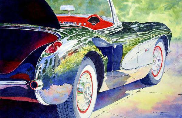 Corvette Art Print featuring the painting Reflections on a Corvette by Roger Rockefeller