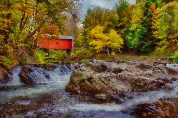 Autumn Foliage Art Print featuring the photograph River runs under Slaughter House covered bridge by Jeff Folger