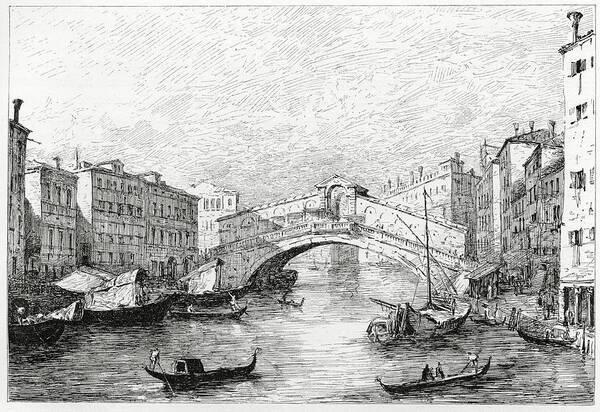 Italian Culture Art Print featuring the photograph Rialto Bridge, Venice, Engraving by Goldhafen