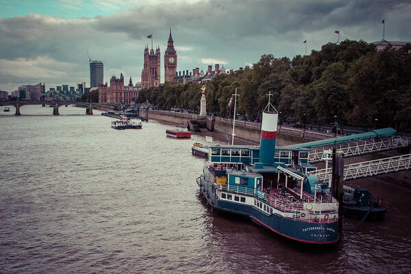 London Blue Sky City Architecture Building Buildings Dark Landscape Color Colorful Art Clouds Photography Skyline Light Beautiful Beauty Old England English Royal United Kingdom Londoner Modern Colors Outdoor Travel Photo Scenic Canvas River Design Digital Art Photograph Nobody Acrylic Decorative Urban Fine Art History Colour Decor House Original Poster Town Day Cloud Photographs Water Boat Boats Ship Ships Riverbank Riverside Themes Steamer Steamship Steamboat Art Print featuring the photograph Riverbank by Daniel Kocian