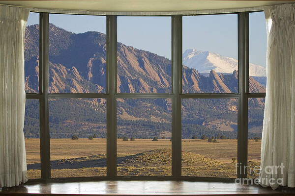 Window Art Print featuring the photograph Rocky Mountains Flatirons with Snow Longs Peak Bay Window View by James BO Insogna