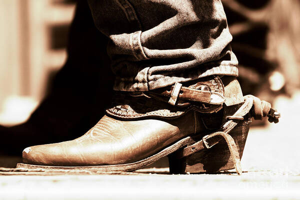 Cowboy Art Print featuring the photograph Rodeo Boot and Spur in Copper Tint by Lincoln Rogers