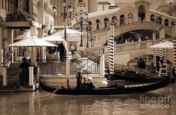 Gondola Ride At The Venetian Art Print featuring the photograph Romance at the Venetian Sepia Tones by Mary Lou Chmura