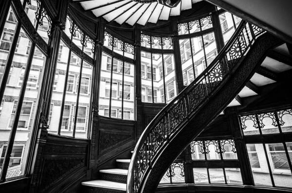 Chicago Art Print featuring the photograph Rookery Building Winding Staircase and Windows - Black and White by Anthony Doudt