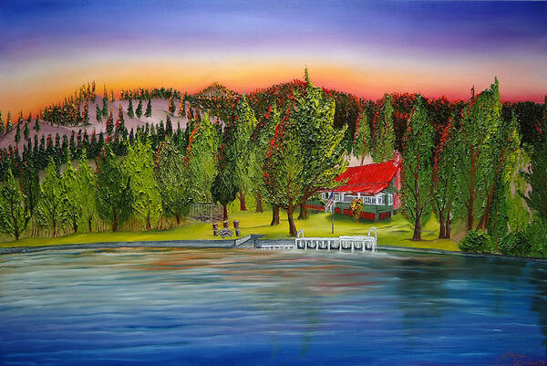  Art Print featuring the painting Rosemont Cabin Lake Chelan by James Dunbar