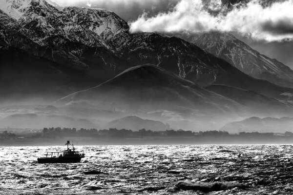 Rough Sea Art Print featuring the photograph Rough Seas Kaikoura New Zealand In Black And White by Amanda Stadther