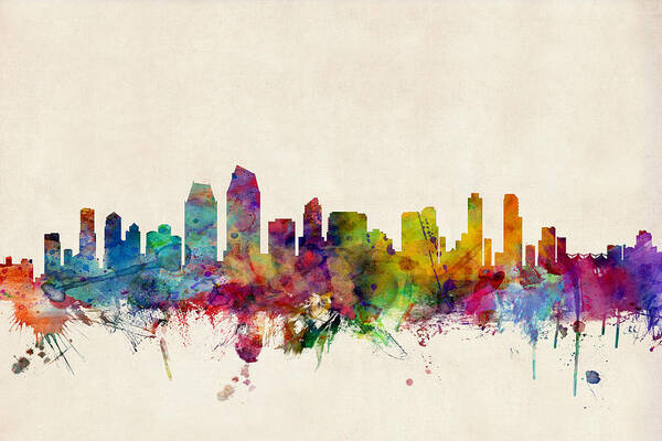 Watercolour Art Print featuring the digital art San Diego Skyline by Michael Tompsett