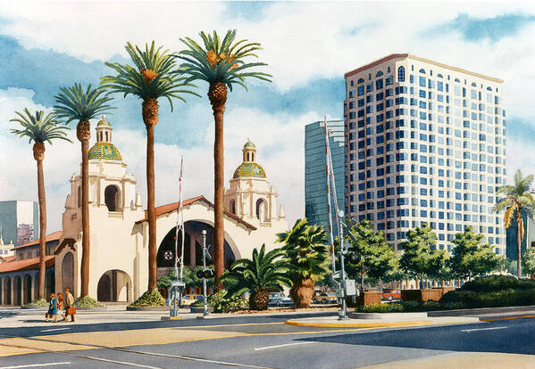 Santa Fe Art Print featuring the painting Santa Fe Depot San Diego by Mary Helmreich