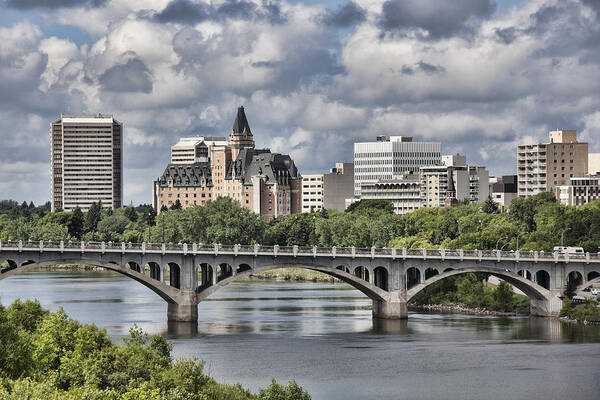 Apartment Art Print featuring the photograph Saskatoon skyline with broad view of the University Bridge by Dougall_Photography