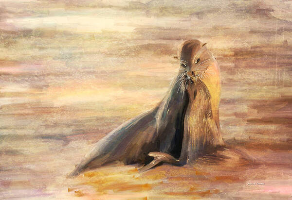 Sea Lion Art Print featuring the painting Sea Lion Mom and Pup Love on Galapagos Island by Angela Stanton