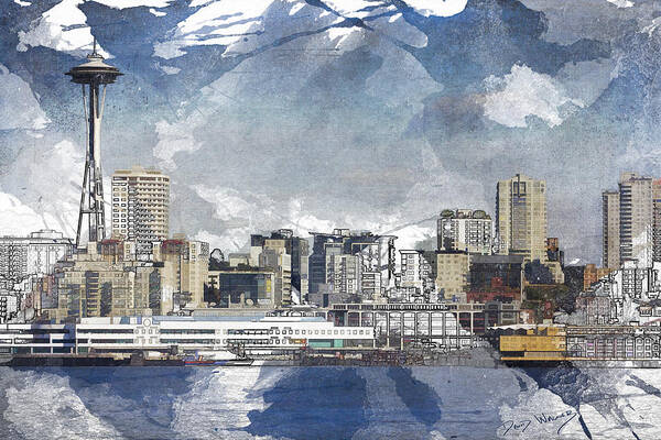 Seattle Skyline Art Print featuring the painting Seattle Skyline Freeform by David Wagner