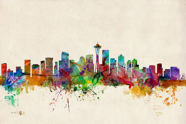 Watercolour Art Print featuring the digital art Seattle Washington Skyline by Michael Tompsett