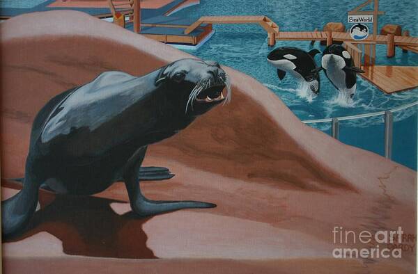 Seal And Killer Whales Art Print featuring the painting Seaworld by Margaret Sarah Pardy