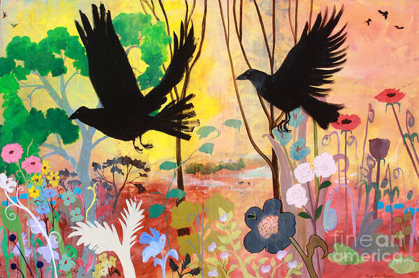 Crows Art Print featuring the painting Seven Circling Crows by Robin Pedrero