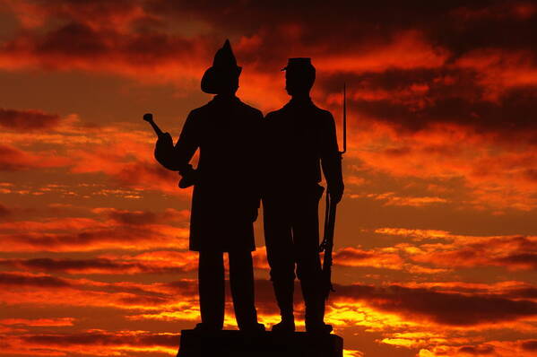 Civil War Art Print featuring the photograph Sky Fire - 73rd NY Infantry Fourth Excelsior Second Fire Zouaves-A1 Sunrise Autumn Gettysburg by Michael Mazaika