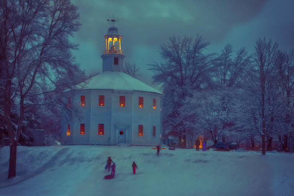 New England Church Art Print featuring the photograph Sledding at the old round church by Jeff Folger