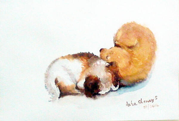 Stray Puppies Art Print featuring the painting Sleeping puppies by Asha Sudhaker Shenoy