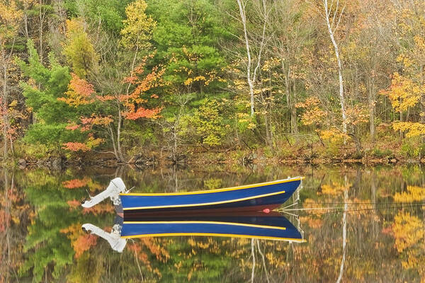 Readfeild Art Print featuring the photograph Small Motor Boat in Fall Torsey Pond Readfield Maine by Keith Webber Jr