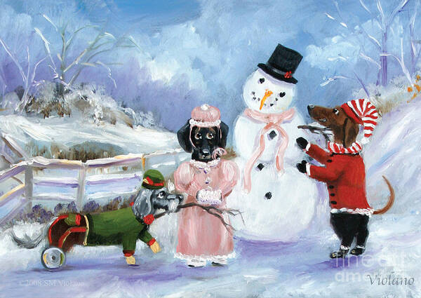 Dachshunds Art Print featuring the painting Snow Day for the Dachshund dogs by Violano by Stella Violano